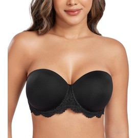 DotVol Women's Strapless Bra, Backless, Without Straps, Push Up Bra with Moulded Cups, Black lace, 95E