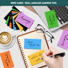 Celepoir A7 Index Card Box, 20.5x13.6x3cm Index Cards Holder, with 350 Colour Study Cards, 100 Arrow Indexcard, 5 A-E Indexes, 6 Ring, 3 Stickers & 6 Labels, for Study Notes, Office Flash Card Holder