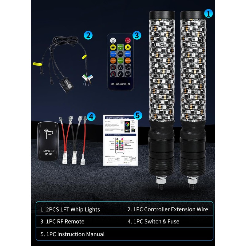 VI9000 2 Pack 1FT Fat Whip Lights, LED Whip Lights