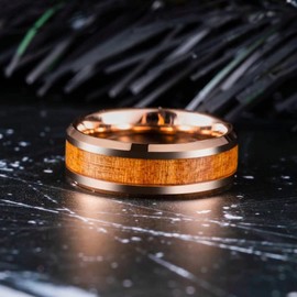King Will Nature Koa Wood Inlay Tungsten Carbide Wedding Ring 8mm Rose Gold High Polished Comfort Fit 10