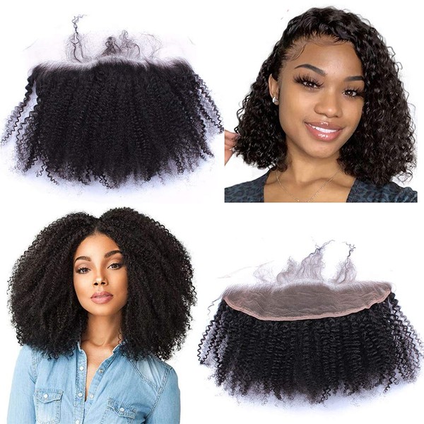 Ear To Ear 13x4" Top Full Frontal Lace Closure Mongolian Afro Deep Kinky Curly Human Hair Lace Front Closure with Baby Hair Free Part Bleached Knots Natural Black 8"