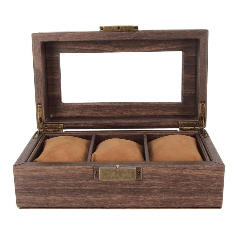 3 Slot Watch Display Case Wood Detachable Pillow Glass Cover