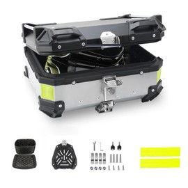 Motorcycle Top Case, 28L Aluminum Motorcycle Trunk, Motorcycle Tail Box with Security Lock & Safety Reflective Stickers, Waterproof Universal Motorcycle Top Box for Helmet Luggage Silver