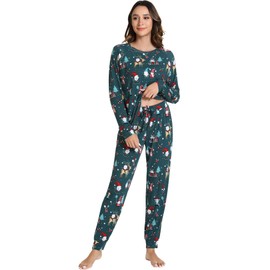 NACHILA Pajamas for Women-Viscose Made from Bamboo,Long Sleeve Pajama Sets Crew Neck Pj with Joggers Pants Soft 2 Piece Pjs Christmas Green XXL