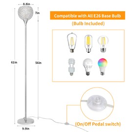 Crystal Floor Lamp, Modern Standing Lamp with 8.8 inch Elegant Shade Silver LED Floor Lamp with On/Off Foot Switch,Tall Pole Accent Lighting for Living Room, Dining Room,Girls Bedroom,Office,Hotel