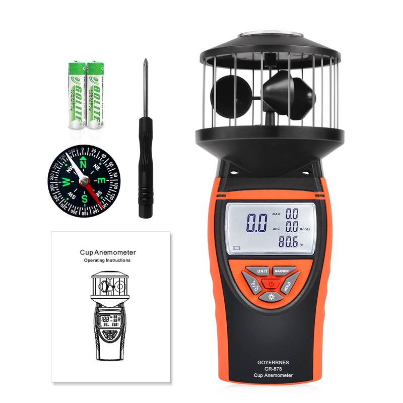 GOYERRNES Handheld Cup Anemometer with Compass, 360° Wind Measuring Digital