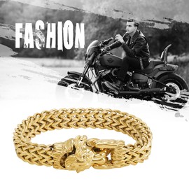 Flongo Mens Bracelet Lion Head Bracelet Wheat Chain Stainless Steel Gold/Black/Silver Punk Bracelet Men Bracelet for Hip-Hop Rock Punk Trendy Accessories, Stainless Steel