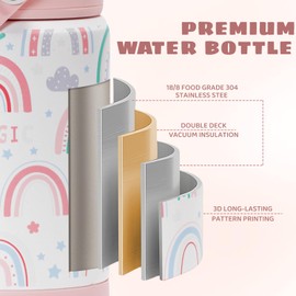 Pluseight Kids Insulated Water Bottle with Straw Lid, 350 ml, BPA-Free Double Wall Vacuum Tumbler, 18/8 Stainless Steel Leak-Proof Kids Cups with Straw for School, Travel, Boys and Girls (Rainbow)