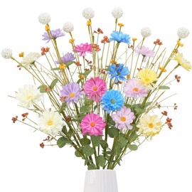 VirtuGro24IN Artificial Silk Flowers Indoor Summer Colorful Flower Branches Faux Floral Picks with Daisy Wildflowers Snowball for Vase Home Flower Arrangements Table Centerpieces(8PCS)