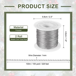 PATIKIL 656 Feet / 218 Yard Metallic Cord Tinsel Ornament Cord, 1 mm Day Cord, Non-Stretchy Twine Thread for Gift Wrapping, Crafts, Jewellery Making, Silver, 2 Rolls