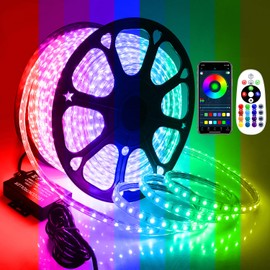 Aclorol AC 110V-130V RGB LED Strip Lights Outdoor Waterproof 147FT LED Rope Lights RGB Dimmable Flexible Light Strip Music Sync Color Changing for Garden Pool Party Lighting Decorative with Remote 45M
