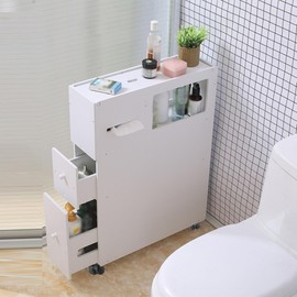 ILWorkTLs Narrow Bathroom Cabinet with Drawer,Slim Storage Cabinet, Toilet Side Cabinet,Rolling Floor Cabinet for Bathroom Small Space,White