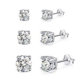 Cangall Silver Stud Earrings, 3 Pairs 925 Sterling Silver Studs Earrings Set for Women, Small Unisex Cubic Zirconia Stud Earrings, Hypoallergenic Cartilage Sleeper Stud Earrings in 4, 5, 6mm