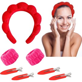 Yeria Set of 1 Women's Headband, 2 Face Wash Wrists, 4 Hair Pins, Hair Band, Cosmetic Headband, Reusable Hair Bands Make Up Made of Sponge, Hair Bands for Makeup, Skin Care, Sports (Red)