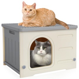 Deblue Plastic Cat House for Indoor Outdoor, Weatherproof Outside Cat House for Feral Cats, Unique Cat Shelter for Small Pet, Spacious, Easy to Assemble - Grey