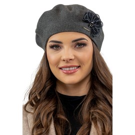 Vivisence Elegant Ladies Beret with Floral Decoration Made from Warm and Soft Woolen Fabric Ideal for Cold Winter Days Perfect for Everyday Wear Or Outdoor Activities, Dark Grey,UNI
