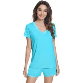 NACHILA Pajamas for Women-Viscose Made from Bamboo, Pjs Short Sleeve Sleepwear V Neck Loungewear Soft Pajama Sets Emerald Green S