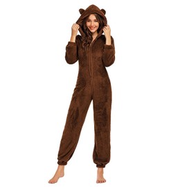 chouyatou Women's Ultra Comfy Lounge Furry Sherpa Romper Onesie Pajamas Cute Ear Hood (Small, Brown)