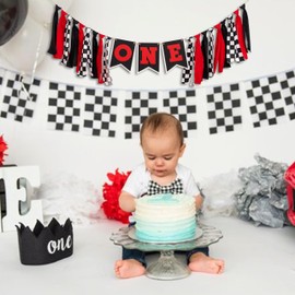 ZAIBIANHAO Race Car One High Chair Banner - Racing Themed Highchair Decor,Checkered Birthday Accessory,Black And White Plaid Striped Fabric Garland (race car banner)