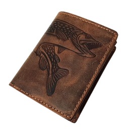 myledershop Small Genuine Buffalo Full Leather Wallet / Purse / Wallet in Portrait Format with Fish Motif or without Motif with RFID & NFC Protection, With fish motif / brown, Modern