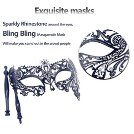 Geek-M Masquerade Mask with Stick Women Men Mardi Gras Mask Rhinestone Metal Mask Costume Masks for Party Prom Ball (Black 022)