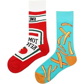 Wrahonbi Ketchup French Fries Pattern Dress Socks Personality AB Socks Funny Novelty Crazy Design Crew Socks Gift for Men Food