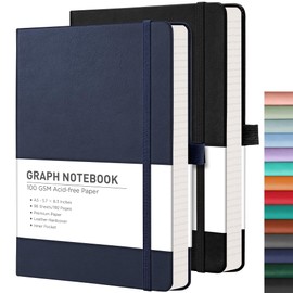 RETTACY Graph Paper Notebook, 2-Pack, A5 Grid Notebook Journal with 192 Pages per Pack, 5.7'' × 8.3'', Medium Size, Leather Hardcover, 100 GSM Thick Paper, for Math, Engineering (Black & Navy Blue)
