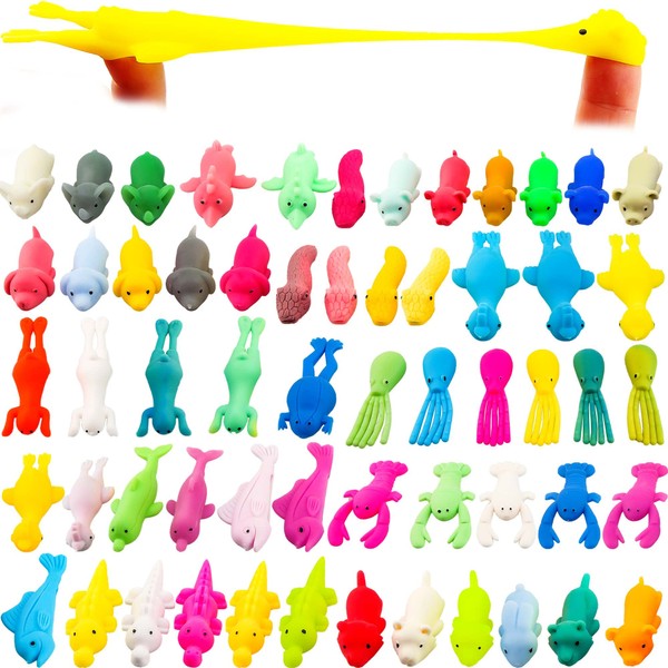 Rcanedny 56 Pieces Slingshot Animals Finger Toys Funny Stretchable Flick Rubber Animals Slingshots Flying Novelty Finger Stretchy Game for Flying Games and Party Favors