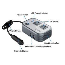 200W Car Power Inverter, FOVAL 12V DC to 110V AC Car Inverte with 4 USB Ports Car Outlet Adapter, Power Inverter for Vehicles, Car Plug Adapter Outlet for Laptop Computer Charger