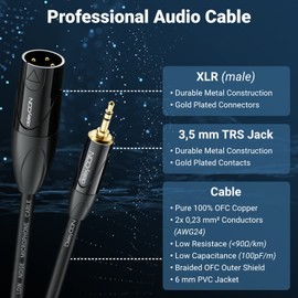 deleyCON 2 m XLR to 3.5 mm Jack Stereo Microphone Cable Audio Adapter Cable AUX Studio Quality Pure OFC Copper (AWG24) XLR Male to Jack 3.5 mm Male - Metal Lock