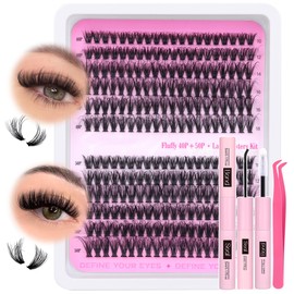 Wispy Lash Clusters Kit Fluffy Individual Eyelashes D Curl Lashes Individual Cluster DIY Eyelash Extension Kit at Home Russian Cluster Lashes Glue Bond and Seal,Tweezers (40+50P,10-18mm)