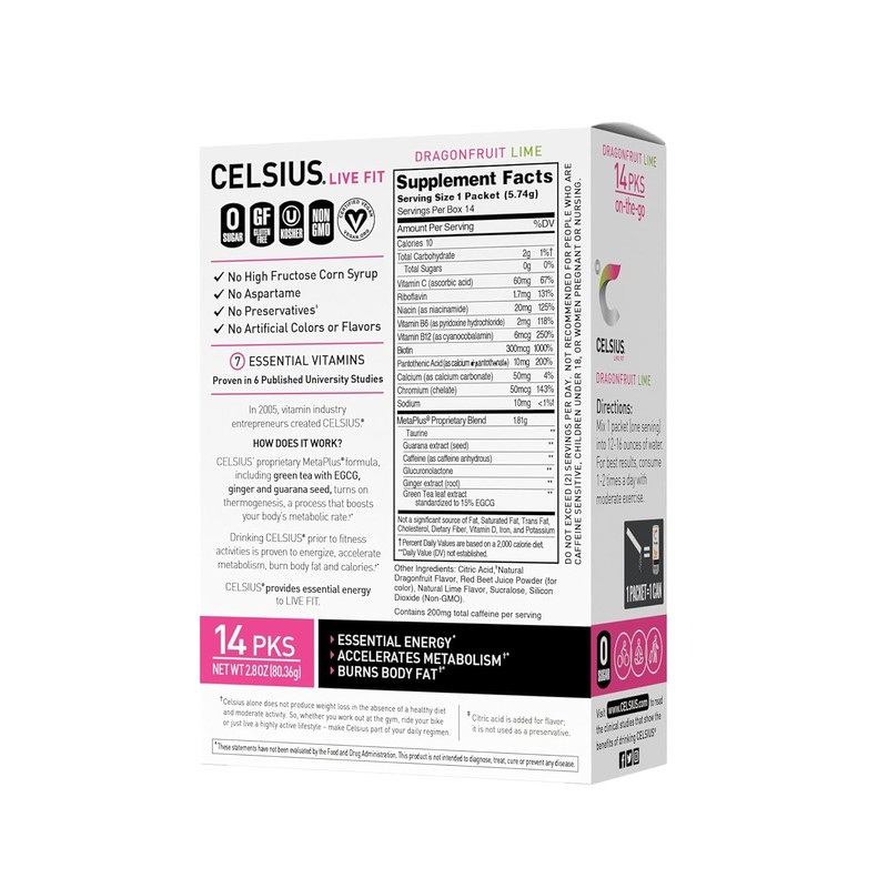 CELSIUS Dragonfruit Lime On-the-Go Powder Stick Packs, 14 Count (Pack
