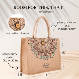 FOLIATE Reusable Juco Beach Tote Bag for Women - Waterproof Woven Cute Jute Gift Bag for Her Travel, Shopping, Everyday Use - The Flower Tote