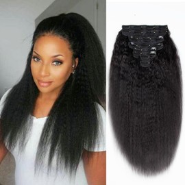 Kinky Straight Clip ins Real Human Hair 120g 8Pcs Clip Ins Hair Extensions Full Head Brazilian Remy Hair for Women Yaki Clip in Extensions Double Weft Natural Black 18 Inch