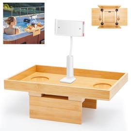 Beeveer Bamboo Adjustable Hot Tub Tray Table with Phone Holder, Adjustable Width 2'' to 7'', Nonslip Cup Shelf, Perfect Relaxing Gifts for Spa/Pool/Hot Tub for Adults