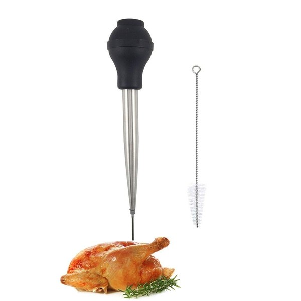 Stainless Steel Turkey Baster Food Grade High Temperature Resistant Silicone Oil Injector Marinades Ball Syringe Needle and Brush Easy to Clean