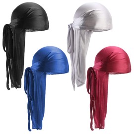 4 PCS Durags for Men, Silk Durag Mens Du Rags Wave Cap Long Tail Durag Head Wrap Turban Hat Black Silky Durag Cap Chemo Wide Strap Durag for Women Kids Decoration
