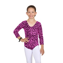 Hamishkane Kids Girls Long Sleeves Round Neck Leopard Print Gymnastics Dance Leotard Bodysuit - Bodysuit Neon pink leopard