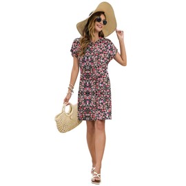 PLOKNRD Summer Dresses Women Casual T Shirt Dresses Short Sleevee Swing Flowy Ladies Beach Sundress with Pockets, Black Red Flower-2XL