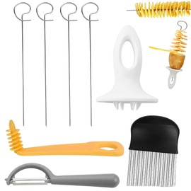 PUERFOCA 8 Pcs Potato Spiral Cutter Set, Stainless Steel Potato Slicer, Reusable Spiral Slicer Set with Peeler and Wave Potato Slicer for Parties, Barbecues and Camping