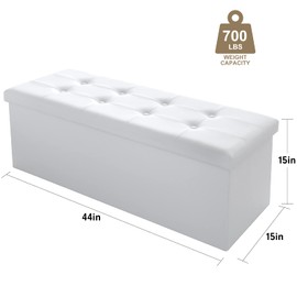Camabel Folding Ottoman with Storage Bench Cube 43 inch Hold up 700lbs Faux Leather Long Chest with Memory Foam Seat Footrest Padded Bed Storage Bench for Bedroom Coffee Table Rectangular White BG470