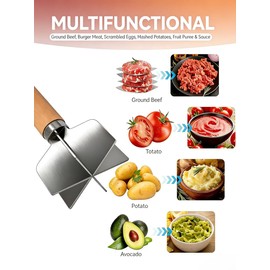 Stainless Steel Meat Chopper, 6 Curve Blades Meat Masher, 11 Inch Ground Beef Chopper Tool & Hamburger Smasher, Multi-Purpose Kitchen Tool