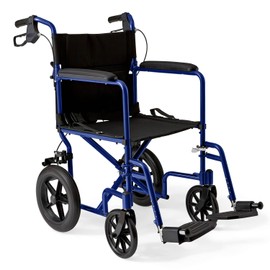 Medline Medline Lightweight Foldable Transport Wheelchair with Handbrakes and 12-Inch Wheels, Blue Frame, Black Upholstery