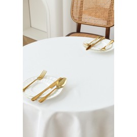 Aoztio Round Tablecloth 55 Inch, Wrinkle Resistant Washable Polyester Table Cloth for Kitchen Dinning Tabletop Decoration, Rustic Outdoor Linen Style Tablecloth, Round 55 Inchs, White