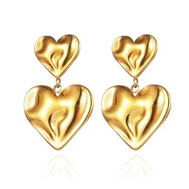 CETVLY Dainty Texture Double Heart Dangle Earrings,Lightweight Trendy Stainless Steel Non Tarnish Heart Earrings Vintage,18K Gold Plated Puffy Heart Chic Preppy Jewelry for Women Girls, Medium,