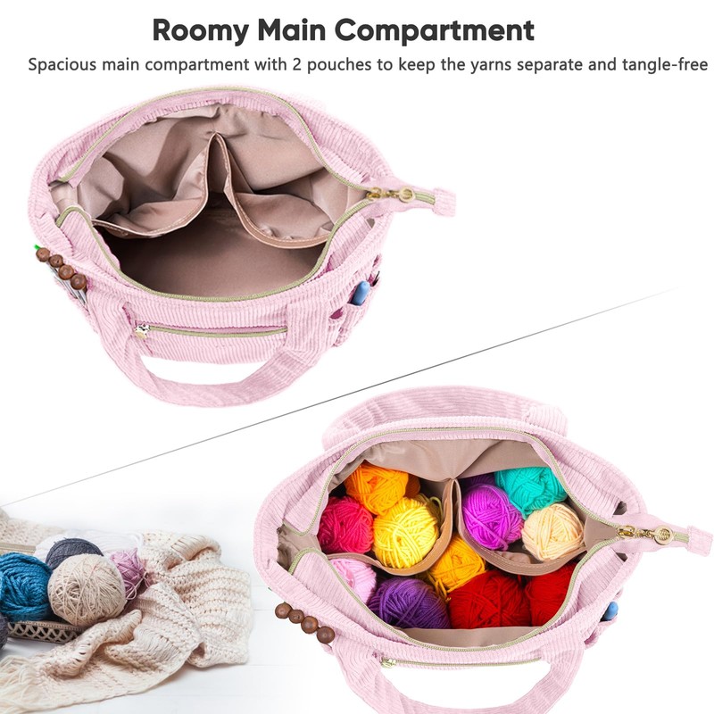 MYBAGZING Corduroy Crochet Bag 11.5" Large Yarn Storage Tote with