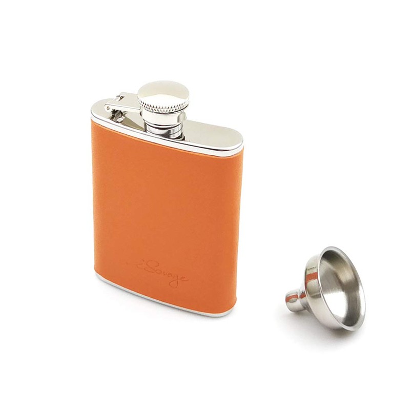 iSavage 3oz Orange Leather Wrapped Hip Flask with a Funnel