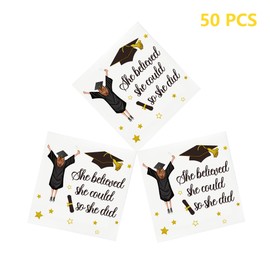 Aisosiks 2025 Graduation Napkins, Girl High School College Graduation Party Decorations, 5 x 5 In, 50-Pack, White, Black, Paper, 2-Ply