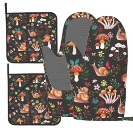 Cute Snail Mushroom Oven Mitts and Pot Holders Sets of 4, Natural Wild Theme Print Silicone Oven Mitts Heat Resistant, Non-Slip BBQGloves for Chef Kitchen Cooking Baking Grilling Microwave