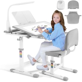 COSVALVE Gray Height Adjustable Kids Study Desk Table Chair Set w/Lamp,Drawer,